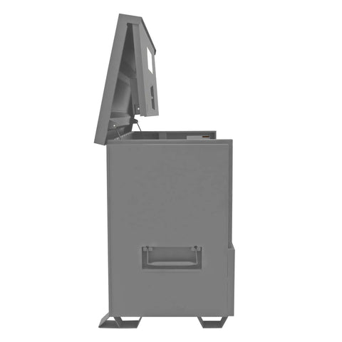 Heavy Duty All Welded Steel Job Site Cabinet For Secure Outdoor Storage With Forklift Ready Legs and Triple Padlock Security in side view with lid open.