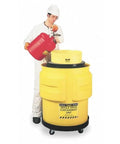 Heavy Duty One Drum Containment Unit With 65 Gallon Capacity Featuring Slick Horizontal Build And No Sweat Spill Control being used for fluid transfer.