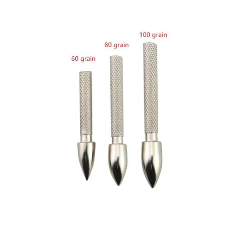 36 Pack Pro Grade Stainless Steel Archery Arrow Insert Points 60 80 100 Grain For 4.2mm Shafts shown in three sizes