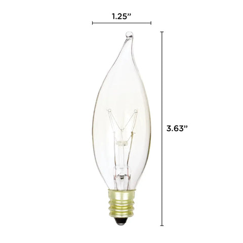Pack Of 12 40W Clear E12 Flame Tip Dimmable Candelabra Base Chandelier Bulbs, 120V, 4 Inch Bent Tip Glass Lights with dimensions