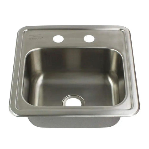 Drop In One Hole Kitchen Sink Kit, Single Bowl, Brushed Stainless Steel, 15 Inch Square, 20 Gauge 304 Stainless, Two Faucet Holes