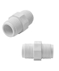 Eight Pack One Half Inch PVC Pipe Connectors M To M NPT Thread Coupling Adapters For DIY Home Or Industrial Plumbing Use Corrosion Resistant White PVC Fittings, two views