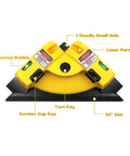 Square Laser Level With Two 90 Degree Red Laser Lines For Flooring, Tile, Wood, And Wall Installations, One Touch Projection For Quick Horizontal And Vertical Datums, Visible Up To 30 Feet, Fast Setup And Precise Right Angles. Yellow square laser level with 90° dial, suction cup key, and bubble vial