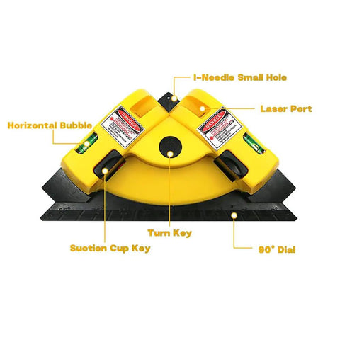 Square Laser Level With Two 90 Degree Red Laser Lines For Flooring, Tile, Wood, And Wall Installations, One Touch Projection For Quick Horizontal And Vertical Datums, Visible Up To 30 Feet, Fast Setup And Precise Right Angles. Yellow square laser level with 90° dial, suction cup key, and bubble vial