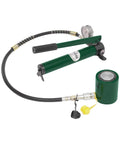 AGULIUM 20T hydraulic ram jack with CP-180 hand pump and pressure gauge; green low-profile cylinder with hose.