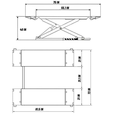 Dimensions of Heavy Duty Eight Thousand Pound Scissor Lift With Lockable Drive Ramps And Portable Frame, measuring 75x40 inches.