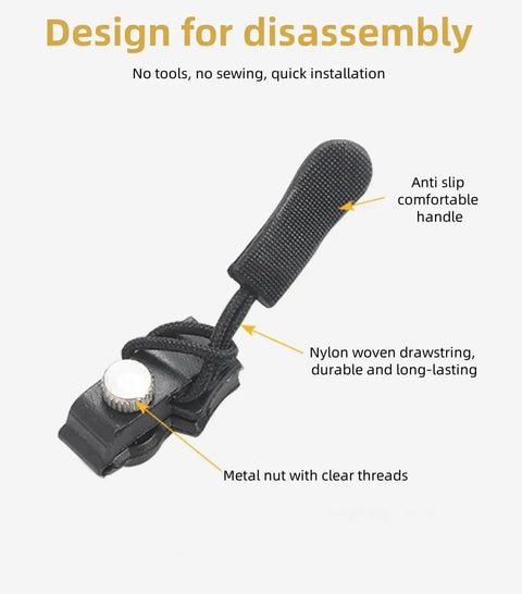 Close-up of a removable universal zipper repairer with anti-slip handle from a Ten Piece Tool Free Zipper Repair Kit for Backpacks Jackets and Clothes With Removable Universal Zipper Repairer Built For Easy Quick Fixes No Tool Needed Durable Metal Construction In Medium Size. Features nylon woven drawstring and metal nut.