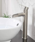 Vessel Sink Faucet With Waterfall Spout In Brushed Nickel Finish Single Handle 1 Hole Vanity Faucet Tall Lavatory Faucet
