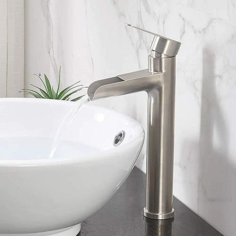 Vessel Sink Faucet With Waterfall Spout In Brushed Nickel Finish Single Handle 1 Hole Vanity Faucet Tall Lavatory Faucet