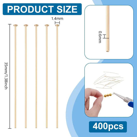 18K Gold Plated Flat Head Pins 400 Pcs Golden Eye Pins Jewelry Head Pins 35mm Length 22 Gauge for Craft DIY Earrings Bracelet Necklace Jewelry Making Supplies, 35mm 0.6mm close-up