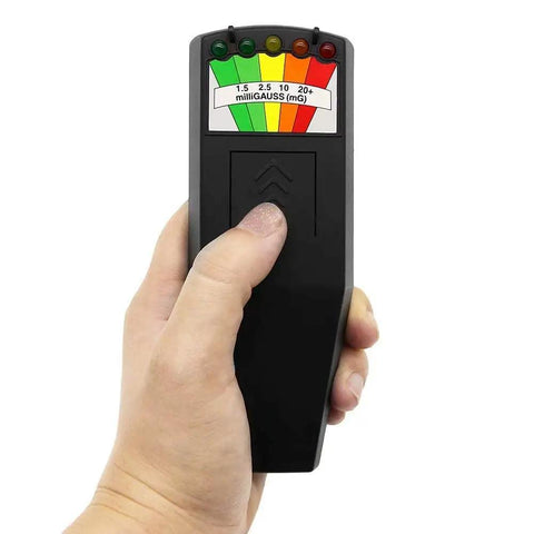 Hand holding EMF Meter For Ghost Hunting Handheld Radiation Detector For EF RF MF Readings Home and Office EMF Inspection