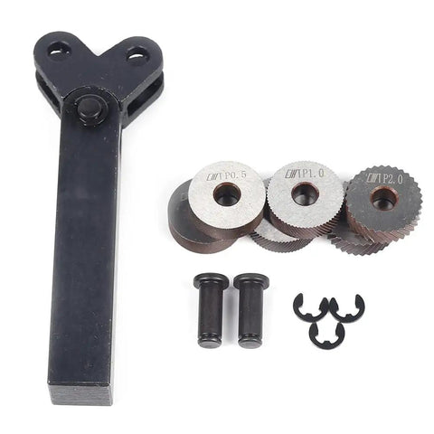 Pro Grade Diagonal Dual Wheel Linear Knurling Tool For Metal Lathe Turning with six knurling wheels and components.