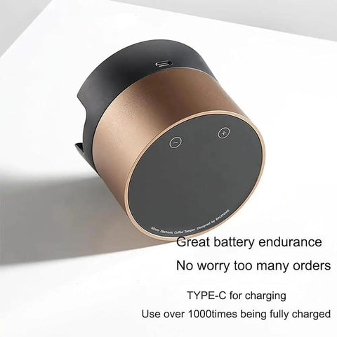 Smart Electric Coffee Tamper With 20 Level Adjustable Pressure And Precision Depth Control Featuring Steady Force For Flavor Packed Espresso Shots Quick Type C Charging and a compact round design for easy home brewing.