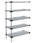 Next Level Stainless Steel Add-On Shelving Kit Expands Capacity With Hella Durable Construction Modular Design Boosts Garage Storage 74-High By 60-Wide By 24-Deep Heavy Load Bearing steel shelving unit with four shelves.
