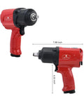 Beefy Half-Inch Aluminum Air Impact Wrench With Twin Hammer shown in red with dimensions, side and front view.