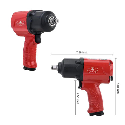 1/2 Inch Aluminum Air Impact Wrench Set Heavy Duty Beefy 1380 Ft Lbs with red frame and black detailing, showcasing side and dimensions.