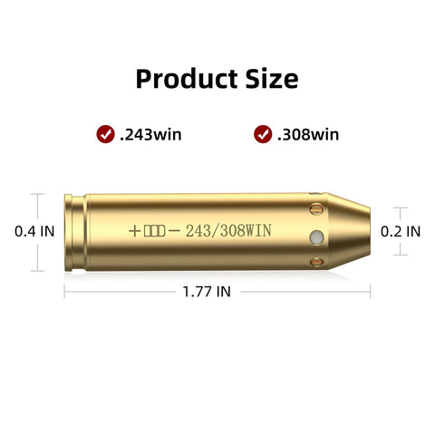 Bore Sight Laser For 243 And 308 Caliber Rifles, Red Dot Sighting Tool in gold casing with size dimensions 0.4 x 1.77 x 0.2 inches