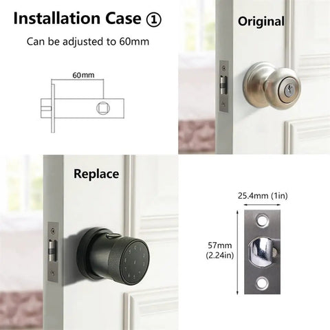 Installation guide for Top Tier Smart Fingerprint Door Lock, showing adjustments and original knobs for replacement.