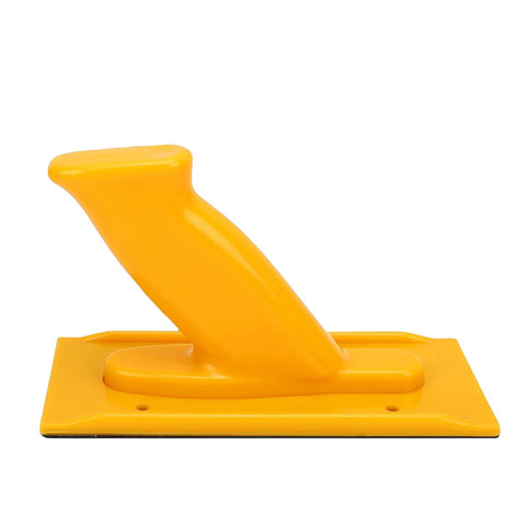 Built Tough As Nails Woodworking Push Block With Rock Solid Grip For Safe Table Saw Router Jointer Operations Heavy Duty ABS Construction In Bright Yellow, side view.