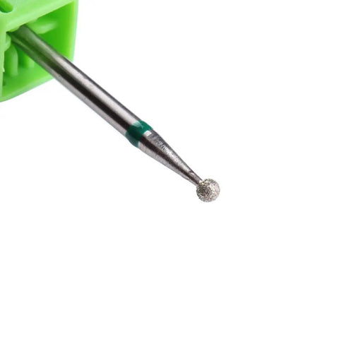 Close-up of a 3 Piece Cuticle Cleaning Carbide Nail Drill Bit with diamond rotary burr for electric nail file, green holder.