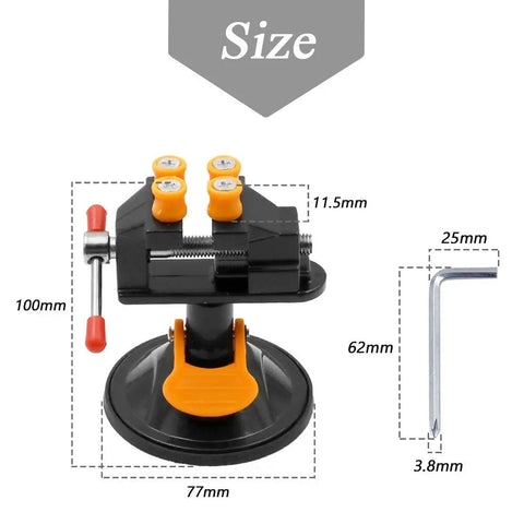 Universal Mini Drill Press Vise with Suction Cup Base, 360 Degree Rotation, Quick Tighten, Aluminum Alloy, Size Details Shown