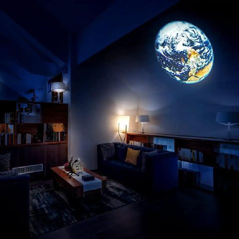 Room with dim lighting and Earth projected on wall using Earth And Moon Projector Lamp With USB Charging, Bendable Stand, Dual Projection.