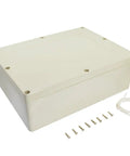 Heavy IP65 Waterproof Junction Box Universal Electrical Enclosure Built From ABS Plastic in pale gray with screws and mounting holes.