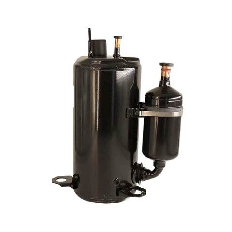 Heavy Duty AC Compressor Replacement For Water Heater And Refrigeration Units Built Like A Tank With Hella Endurance For A Quick Swap And Top Shelf Cooling Efficiency On Commercial Sites, black metal construction.