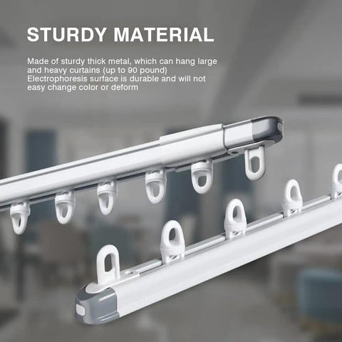 Adjustable Telescoping Curtain Track System With Ceiling Mount For Heavy Drapes And Room Dividers, No Tools Needed Length Adjustment, White Metal Rail For Thick Curtains, Smooth Glide, Sturdy Support, Modern Clean Look, white metal ceiling rail with hooks