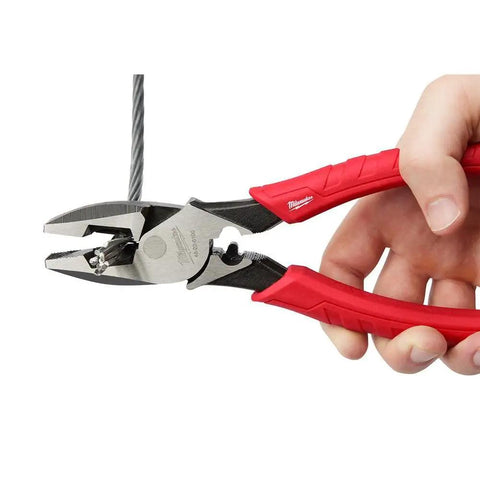 9 Inch Leverage Lineman Pliers With Crimper And Pipe Reaming Head cutting wire with red rubberized grip