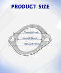 2-pack metal exhaust gasket with perforated flange; outer diameter 100mm, bore 38mm, two mounting holes (front view).