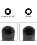 Three Quarter Inch Drive Six Point Shallow Impact Socket 27mm With Radius Corner Design CrMo Steel Built For High Torque Tools Heavy Duty 55mm Length Overall, close-up showing drive size 3/4 inch and 27mm socket size.