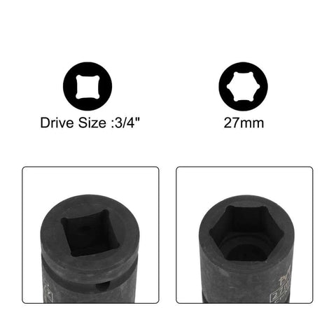 Three Quarter Inch Drive Six Point Shallow Impact Socket 27mm With Radius Corner Design CrMo Steel Built For High Torque Tools Heavy Duty 55mm Length Overall, close-up showing drive size 3/4 inch and 27mm socket size.