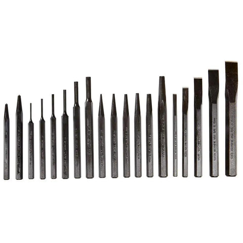 Heavy Duty 19 Piece Punch And Chisel Set With Black Oxide Finish Pro Grade For Metalworking And Automotive Projects displayed in a row