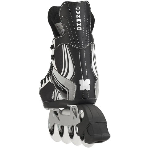 Rear view of Youth Hockey Inline Skates Adjustable Four Size Fit With Lace Closure, Felt Padded Tongue, Aluminum Frame, Black And White Design
