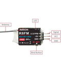 R8FM 8 Channel 2.4GHz Micro RC Receiver with SBUS PPM Output and FHSS anti interference, showing antenna and LED.