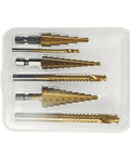 Kick Your DIY Projects Up A Notch With This Awesome 6 Piece Step Drill Bit Set Perfect For Metal Wood And Plastic Featuring Versatile 4 To 32mm Steps Plus Nasty 3 6 And 8mm Saw Bits To Make Smooth Clean Holes Without Any Hassle Today. 6 step drill bits in plastic case for metal, wood and plastic