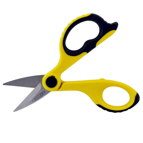 Fiber Optic Kevlar Cutter Scissors With Belt Loop Pouch for Electricians and Techs, yellow handle, on white background.