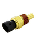 Side view of brass engine coolant temperature sensor with black plastic connector and threaded probe.