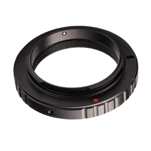 M42 T Ring Adapter For Nikon DSLR Cameras With Beefy Aluminum Build And Smooth Oxide Finish shown from top angle