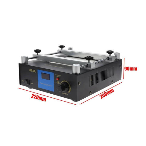 ESD Safe 853A BGA Rework Station with Digital IR Preheat, showing dimensions 250mm x 220mm x 90mm