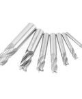 7-piece set of HSS roughing end mills with 4 flutes, angled front view