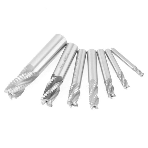 7-piece set of HSS roughing end mills with 4 flutes, angled front view