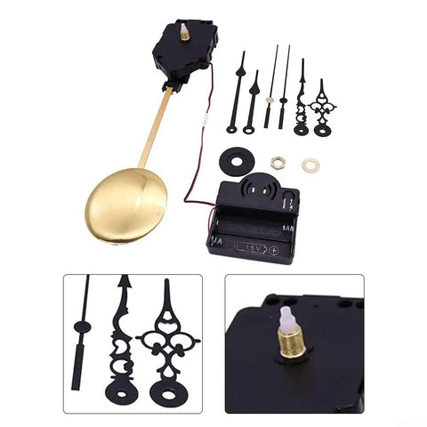 DIY Clock Repair Kit With Sweeping Pendulum Movement For Wall Clocks, golden pendulum, metal hands, replacement kit parts visible
