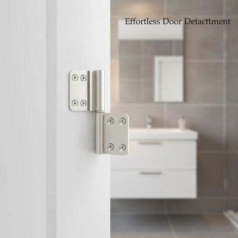 Tool-Free Vertical Door Removal Hinge With Aluminum Alloy Build And Lift-Off Design For Quick Frame Access Ideal For Interior Doors Cabinets Bathrooms And More Measuring 3.8 By 1.6 Inches in bathroom setting