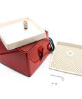 Portable Mini Desktop Glass Grinder With Heavy Duty Diamond Wheel Electric Cutter Polisher Tool For Stained Glass Ceramic Marble, red with removable tray.