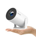 4K Portable Projector With WiFi 6 And Bluetooth 5.4 Android 14 in hand showing compact size with support stand