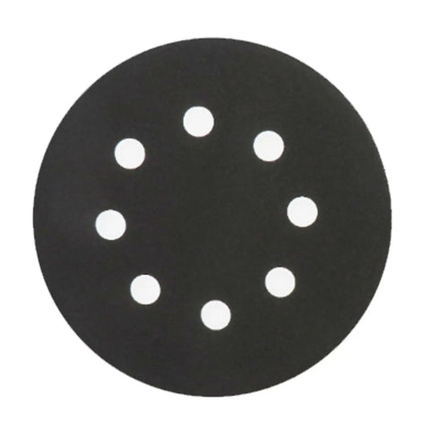 Grab 200 Count Of These Killer 5 Inch Sanding Discs With 8 Holes For Your Orbital Sander showing 5 inch black sanding disc with 8 holes.
