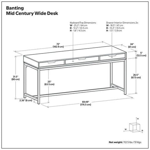 Diagram of 72 inch wide desk from Oak Veneer Desk And 66 Inch Bookcase Set With Graphite Gray Metal Frame For A Modern Industrial Home Office Setup And Living Room Storage, Adjustable Shelves And Drawers, 72 Inch Wide Desk