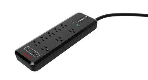 PowerQuest G8 8-Outlet Surge Protector with Micro Spike Protection displayed at an angle, showing USB ports and indicator lights.